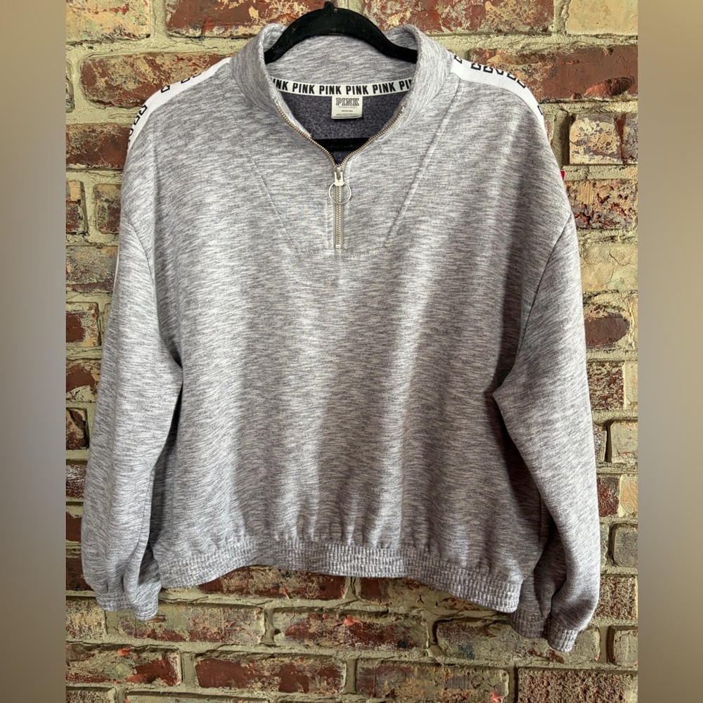 PINk Victoria’s Secret Grey Quarter Zip Sweatshirt Logo Tape Sleeve Pullover Med